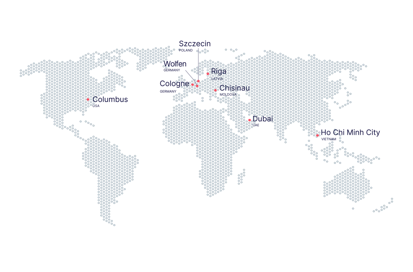 World map of merchOne locations: Columbus, Cologne, Wolfen, Szczecin, Riga, Chisinau, Dubai and Ho Chi Minh City.