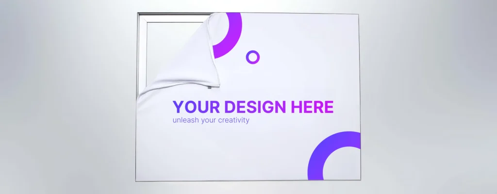 Framed white display with purple circular graphics and the placeholder text 'YOUR DESIGN HERE' and 'unleash your creativity'.