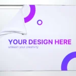 Framed white display with purple circular graphics and the placeholder text 'YOUR DESIGN HERE' and 'unleash your creativity'.