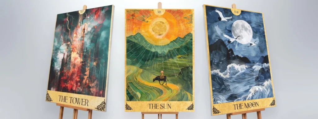Three tarot cards on wooden easels: The Tower (left), The Sun (center), and The Moon (right).