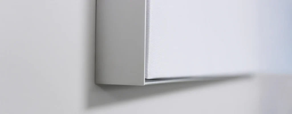 Close-up of a white boxed edge (likely a shelf or book) against a light gray background with a soft shadow underneath.