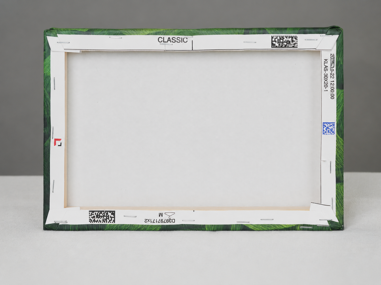 Back of a finished 2 cm canvas showing the company logo placement