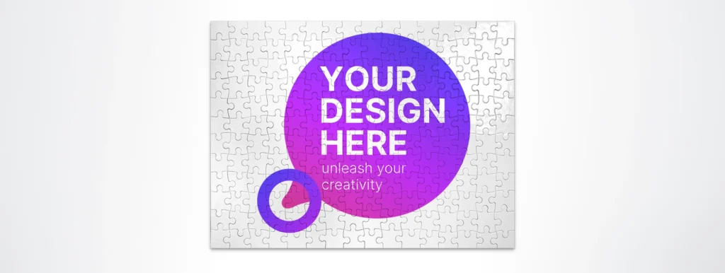 Puzzle-piece background with a large purple circle containing 'YOUR DESIGN HERE' and a smaller purple circle, with 'unleash your creativity' text behind it.