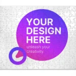 Puzzle-piece background with a large purple circle containing 'YOUR DESIGN HERE' and a smaller purple circle, with 'unleash your creativity' text behind it.