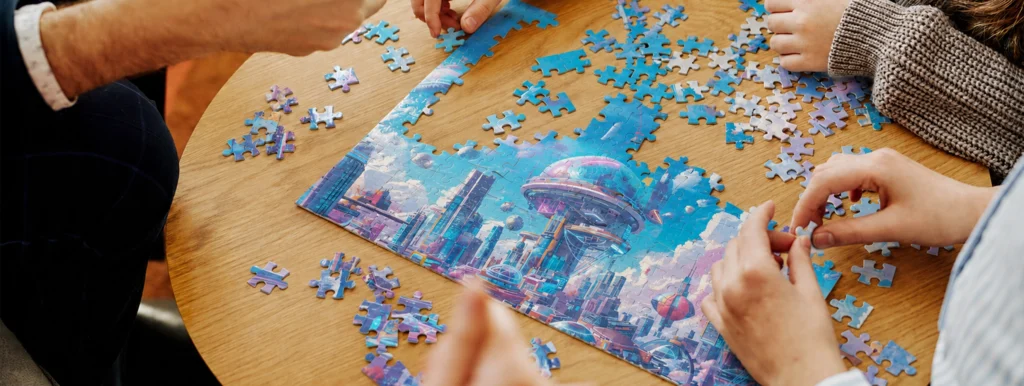 People collaborate to assemble a colorful city skyline jigsaw on a wooden table.