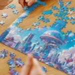 People collaborate to assemble a colorful city skyline jigsaw on a wooden table.
