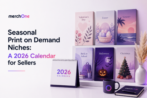 Seasonal Print on Demand Niches headline with six pastel holiday posters on a shelf and a 2026 calendar on a desk. • merchOne