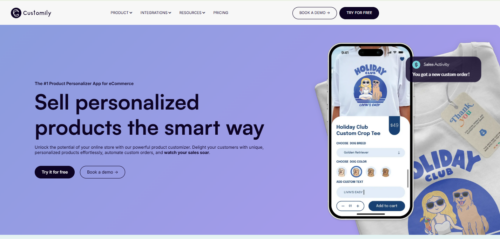Hero section for Customily: purple gradient background with bold text  • merchOne'Sell personalized products the smart way' and a smartphone mockup showing a custom order, signaling the product personalization app.