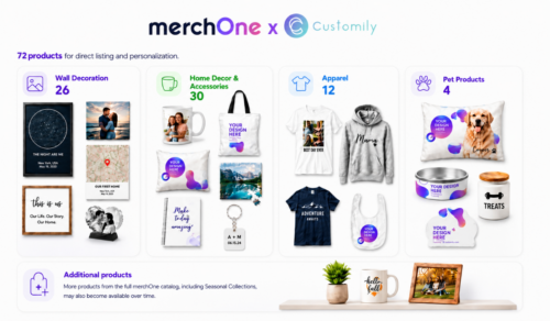Gallery header showing merchOne x Customily collaboration with category tiles for Wall Decoration, Home Decor & Accessories, Apparel, and Pet Products. • merchOne