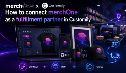 Promotional banner showing merchOne and Customily integration: devices displaying a custom design across laptop, phone, mug, shirt, and hat, with warehouse in the background. • merchOne