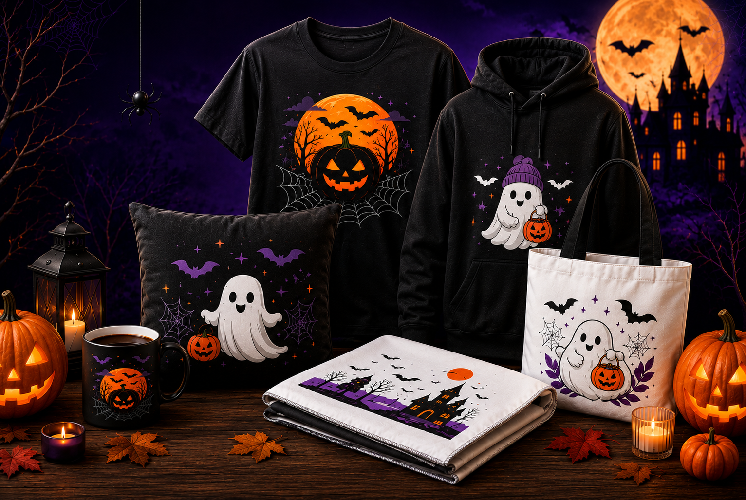 Halloween-themed apparel and decor: black t-shirt with pumpkin and spider webs, hoodie with ghost and pumpkin, ghost pillow, tote bag, and a Halloween blanket display.