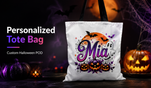 White tote bag with a Halloween design spelling  • merchOne'Mia' beside promotional text about a personalized tote bag; dark background with pumpkins and bats.