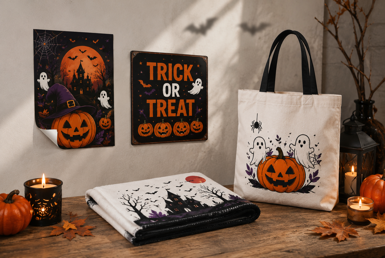 Halloween-themed display with carved pumpkin, ghosts, and a 'Trick or Treat' sign on a wall above a wooden table.