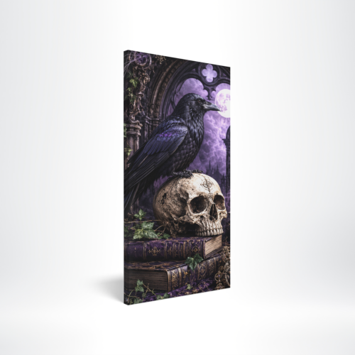 Canvas 4cm • merchOne Vertical gothic artwork: a black raven perched on a skull atop an old book, with a purple moonlit background and ivy accents • merchOne