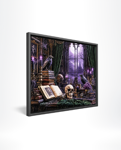 Frame Canvas-HW26 • merchOne Framed gothic still life with a skull, open book, candles, ravens, and a purple-lit window in a dark study scene. • merchOne