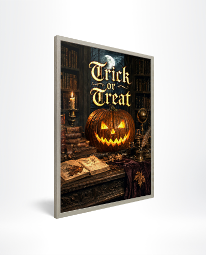 Framed Poster for trick-or-treat typography, framed halloween art prints, and premium poster upsells. 