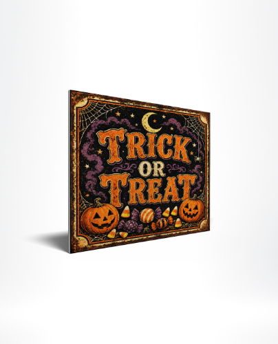 Metal Print for trick-or-treat welcome signs, halloween mantle displays, and seasonal shelf decor with bold typography. 