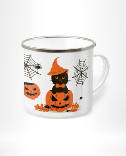 Enamel Mug for farmhouse pumpkin designs, rustic halloween aesthetics, and outdoor autumn gatherings. 