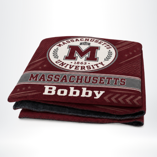 Maroon Massachusetts University blanket with a large M logo and the name Bobby (folded)
