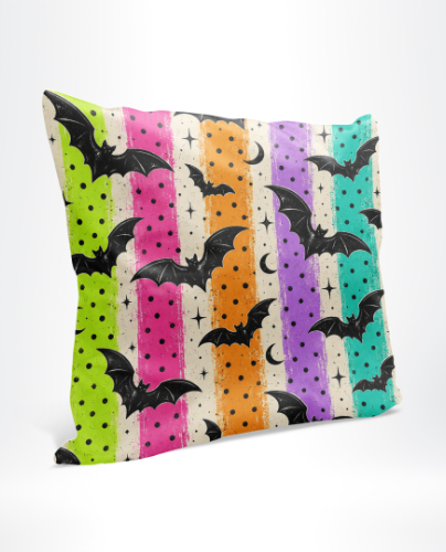 Standart pillow-HW26 • merchOne Decorative throw pillow with neon pastel vertical stripes and black bat silhouettes on a white background. • merchOne