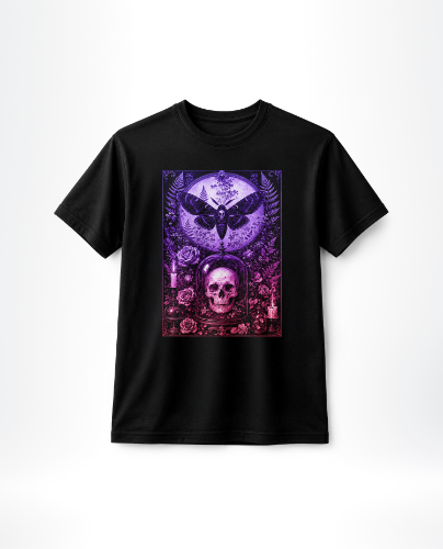 Black T-shirt with a rectangular purple-pink gradient graphic featuring a skull and an ornate moth surrounded by flowers on the chest area.