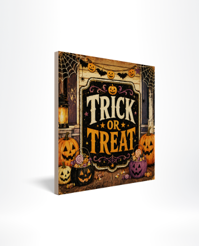 Wood Panel-HW26 • merchOne Metal Print for trick-or-treat welcome signs, halloween mantle displays, and seasonal shelf decor with bold typography. • merchOne