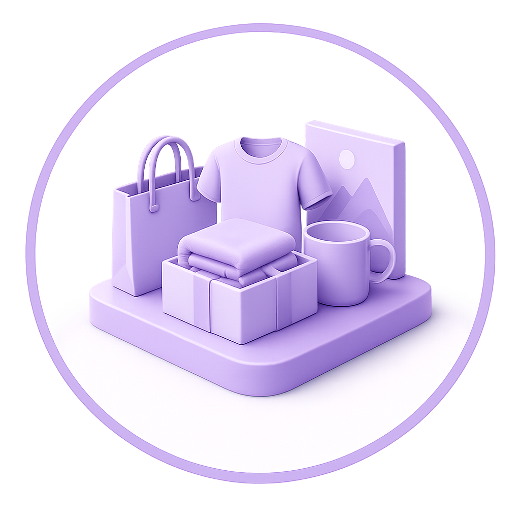 Purple 3D illustration of shopping items on a platform: tote bag, T-shirt, folded clothes, mug, and a framed picture.