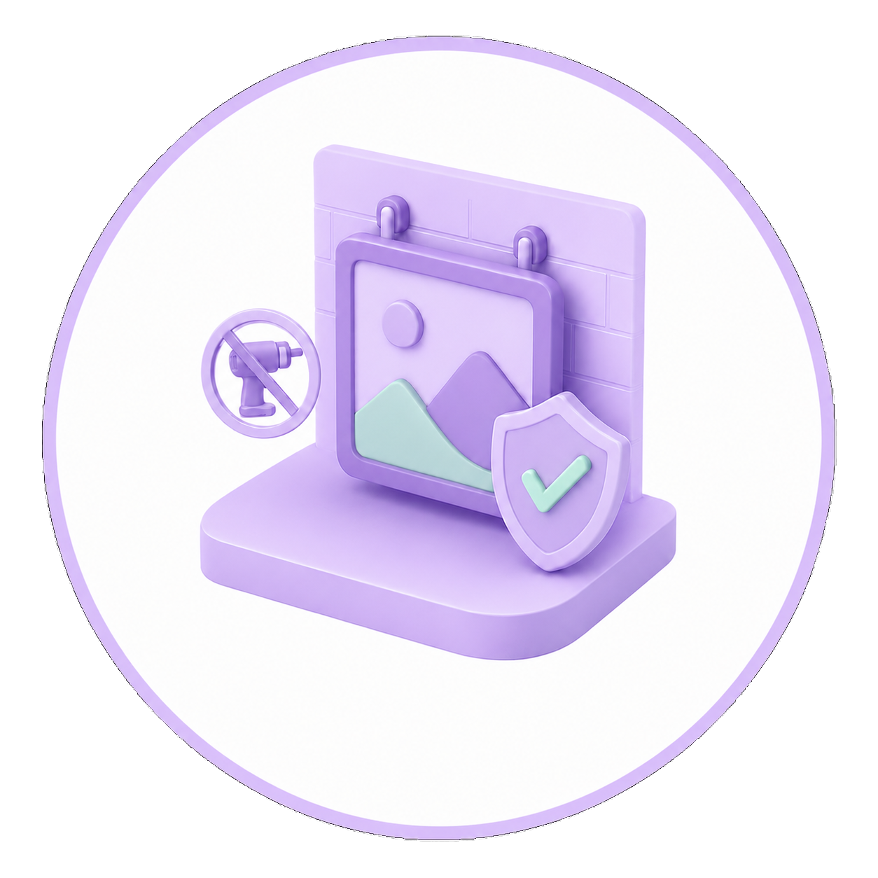3D purple calendar icon with a mountain photo and a shield with a green checkmark, symbolizing protected photo storage/privacy