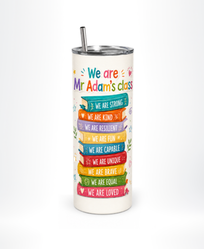 Stainless steel travel mug for teacher coffee quotes, school names, and subject puns.
