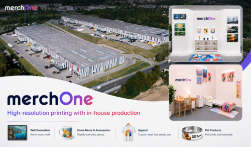Aerial view of a large warehouse campus with merchOne branding and two inset product showroom scenes on the right panel. • merchOne
