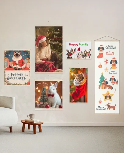 Wall decorated with Christmas posters: girl with dog in a festive scene, a cat in a Santa suit, and dog-themed holiday art beside a cozy seating area.