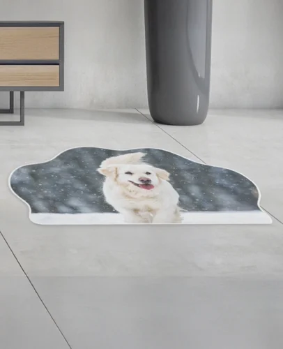 Round rug featuring a happy white dog on a snowy backdrop in a modern, minimalist room.