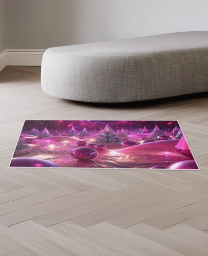 Low, rounded light-gray upholstered seating along a wall in a minimalist room, with a vibrant purple art print lying on the wooden floor in the foreground.